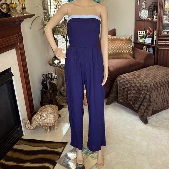 Brand New Monteau Strapless Romper Navy Blue White Nautical Linen Jumpsuit - Picture 2 of 16